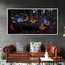 Carregar imagem no visualizador da galeria, Glowing butterflies, fantasy forest wall art, framed canvas print, mother's day, mom gift, monarch butterflies