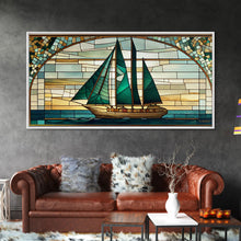Load image into Gallery viewer, Emerald Green and Gold Art Deco Sail Boat, Framed Canvas Print, Retro MCM Style Wall Art, Midcentury Modern, Stained Glass, Huge Art