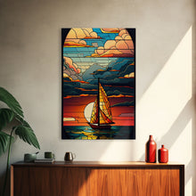 Load image into Gallery viewer, Art Deco Wall Art, Sailboat and Sunset Framed Canvas Print, Art Deco / MCM Wall Art, Stained Glass Reflections
