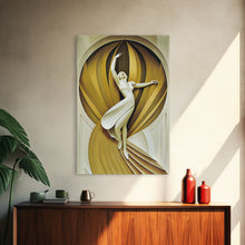 Cargar imagen en el visor de la galería, Art Deco Sculpture Canvas Print, Framed Wall Art, 1930s Inspired Retro Art, White and Gold Ballerina