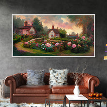 Load image into Gallery viewer, English cottage with rose garden, canvas print, cute English countryside wall art