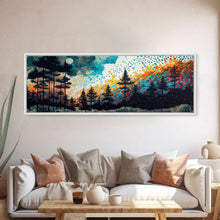 Cargar imagen en el visor de la galería, Extra large 24 x 72 wall art, framed canvas print, abstract pine tree forest painting, painting of a forest fire against a starry night sky