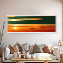 Load image into Gallery viewer, Art Deco Wall Art, Framed Canvas Print, Emerald Green and Gold Palm Tree Leaves and Sunset, Panoramic Ultrawide Art, Large Format Wall Decor