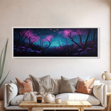 Load image into Gallery viewer, Beautiful Fantasy Forest, Framed Canvas Print, Fantasy Art, Butterflies and Fireflies Light up a Fairy Forest At Night, Framed Wall Art