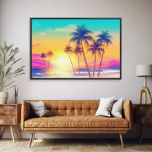 Load image into Gallery viewer, Colorful sunset Wall art, Framed Canvas Print, Synthwave Style, Guest room art, Pop Art Style, Watercolors, Beautiful art, Tropical Art