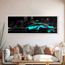 Cargar imagen en el visor de la galería, City Skyline Wall Art, Teal Sports Car, Abstract Urban Art, Cityscape Art, Dark Night Large Urban Art, Panoramic, Wall Art, Canvas Print