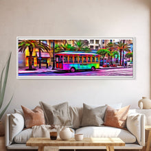 Load image into Gallery viewer, Colorful Vibrant Tram Wall Art, Palm Trees Art Print, Colored Pencil Sketch, Framed Canvas, Abstract Art, Panoramic, Wall Art, Canvas Print