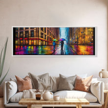 Cargar imagen en el visor de la galería, Colorful Umbrellas City Canvas Print, Large Urban Art Print, Two People Walking On Street, Vibrant Art, Panoramic, Wall Art, Canvas Print