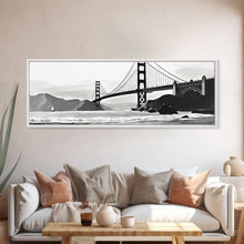 Load image into Gallery viewer, Black And White Suspension Bridge Canvas Print, Large Urban Art Print, Sailboat, River, Landscape, Panoramic, Wall Art, Canvas Print