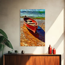 Carregar imagem no visualizador da galeria, Abandoned Canoe On The Lake, Framed Canvas Print, Oil Painting Style, Abstract Wall Art, Lakehouse Wall Decor, Boho Art