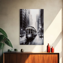 Carregar imagem no visualizador da galeria, Brooklyn Street Car Trolley, Framed Canvas Print, Retro Charcoal Drawing of NYC in The Rain
