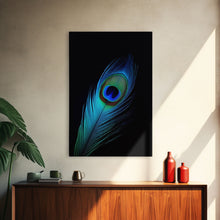 Carregar imagem no visualizador da galeria, A Lone Peacock Feather, Framed Canvas Print, Feather Photography, Beautiful & Colorful Peacock Art