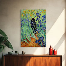 Load image into Gallery viewer, Funny Cat Print, Vincent Van Gogh Inspired Irises Black Cat Wall Art, Framed Canvas Print, Poster Art, Funny Gift, Home Decor Wall Art