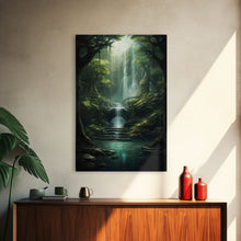 Load image into Gallery viewer, Enchanter Forest, Waterfalls Wall Art, Fantasy Artwork, Canvas Print, Wall Art, Vertical Print, Video Game Art, College Dorm Decor