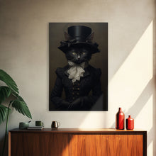 Carregar imagem no visualizador da galeria, Cute Renaissance Cat, Black Cat Print, Goth Home Decor, Art Canvas Print, Dark Academia, Gothic Victorian, Halloween Decor, Witch Familiar