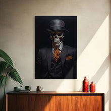 Load image into Gallery viewer, Spooky Skeleton Business Man, Halloween Art, Framed Canvas Print, Halloween Canvas, Skeleton Painting, Victorian Gothic Decor