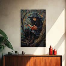 Load image into Gallery viewer, Cute Witch Reading Spells To Her Black Cat Familiar, Vintage Halloween Art, Framed Canvas Print, Halloween Canvas Art, Witchcraft