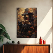 Load image into Gallery viewer, Cute Little Witch Reading Spells To Her Black Cat Familiar, Vintage Halloween Art, Framed Canvas Print, Halloween Canvas Art, Witchcraft