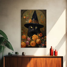 Carregar imagem no visualizador da galeria, Cute Witch's Familiar Cat Halloween Art, Cat Witch, Cat Painting, Cute Cat Print, Halloween Decor, Black Cat Print, Framed Canvas / Canvas