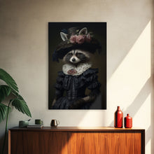 Carregar imagem no visualizador da galeria, Fancy Victorian Lady Racoon, Framed Canvas Print Or Canvas, Victorian Animal Print Oil Painting, Funny Halloween Decor