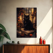 Load image into Gallery viewer, Black Cat Art, Framed Canvas Print, Halloween Canvas Print, Goth Art, Dark Academia, Fall Decor, Witchy Vibes