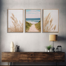 Load image into Gallery viewer, Beautiful Set of 3 Pampas Grass Beach Ocean Shore Photography Prints Minimalist Modern Art Neutral Coastal Room Decor Framed Canvas Wall Art
