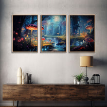 Load image into Gallery viewer, Magical dark forest art print on canvas, fantasy forest, oil style painting, large landscape wall art for home, ready to hang, 3 Piece Art