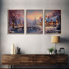 Carregar imagem no visualizador da galeria, 3 Piece Winter Scene, Framed Canvas Prints, Triptych Christmas Painting, Christmas Decor, Winter Art, Christmas Wall art, Xmas Art