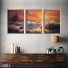 Carregar imagem no visualizador da galeria, 3 Piece Art Set, Seascape Painting Canvas Print, Beach House Decor, Sunset Painting, Original Painting, Boho Style Living Room Art