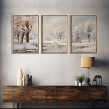 Carregar imagem no visualizador da galeria, 3 Piece Winter Scene, Framed Canvas Prints, Triptych Christmas Painting, Christmas Decor, Winter Art, Christmas Wall art, Xmas Art