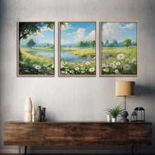 Load image into Gallery viewer, Beautiful Spring Meadow Landscape Painting 3 Piece Set, Spring Centerpiece Art, Original Oil Painting Wall Art, Minimalist Whimsical Decor