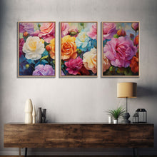 Load image into Gallery viewer, Beautiful Rose Art, Framed Canvas Print, Floral Art, Botanical Decor, Blue and Yellow Roses, 3 Piece Art Set