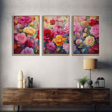 Load image into Gallery viewer, Beautiful Rose Art, Framed Canvas Print, Floral Art, Botanical Decor, Blue and Yellow Roses, 3 Piece Art Set