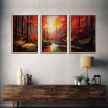 Carregar imagem no visualizador da galeria, Fall Wall Art, Fall Forest, Forest Print, Sunset, Canvas Print, Set Of 3 Prints, Wall Art, 3 Piece Wall Art, Farmhouse Art, Bookshelf Decor
