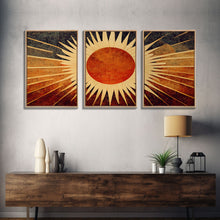 Carregar imagem no visualizador da galeria, Abstract Midcentury Modern Sunburst, Art Deco Style art, sun with rays, sun burst, boho style, 3 Piece Wall Art, Ready To Hang Canvas Print