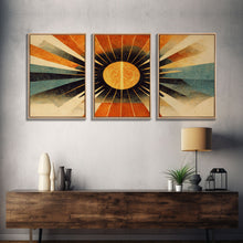 Carregar imagem no visualizador da galeria, Abstract Midcentury Modern Sunburst, Art Deco Style art, sun with rays, sun burst, boho style, 3 Piece Wall Art, Ready To Hang Canvas Print