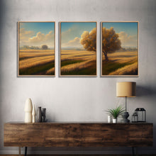 Carregar imagem no visualizador da galeria, A lone tree in a Texas field, Canvas print, Texan art, Prairies, fields and grass, 3 Piece Wall Art, Ready To Hang Canvas Print