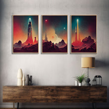 Load image into Gallery viewer, Art Deco Scifi Art, Science Fiction Space Ships, 3 Piece Wall Art, Ready To Hang Canvas Print, Cool Unique Mancave wall Art Decor