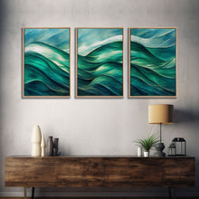 Load image into Gallery viewer, Emerald Green Wall Decor, Sea Green Ocean Waves Abstract, 3 Piece Canvas Decor, 3 Piece Wall Art, Ready To Hang Canvas Prints