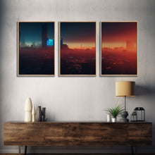 Load image into Gallery viewer, Cyberpunk Cityscape, Cyberpunk Concept Art at Sunset, Cool mancave art, 3 Piece Canvas Decor, 3 Piece Wall Art, Ready To Hang Canvas Prints
