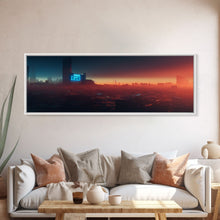 Load image into Gallery viewer, Cyberpunk Cityscape, Ready To Hang Canvas Print, Panoramic, Cyberpunk Concept Art, Cityscape at Sunset, Cool mancave art, gift for him