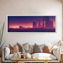 Load image into Gallery viewer, Cyberpunk Cityscape, Ready To Hang Canvas Print, Panoramic, Cyberpunk Concept Art, Cityscape at Sunset, Cool mancave art, Purplewave