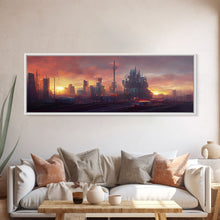 Load image into Gallery viewer, Cyberpunk City, Night City Watercolor, Ready To Hang Canvas Print, Panoramic, Videogame Concept Art, Watercolor Painting Of a Cyberpunk City
