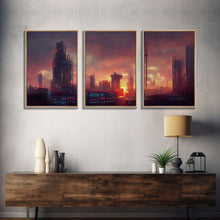 Load image into Gallery viewer, Cyberpunk City, Night City Watercolor, Videogame Concept Art, Watercolor Of a Cyberpunk City 3 Piece Wall Art, Ready To Hang Canvas Print