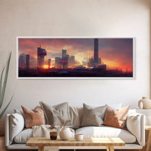 Load image into Gallery viewer, Cyberpunk Cityscape, Metropolis Art, Ready To Hang Canvas Print, Panoramic, Night City Watercolor Concept Art