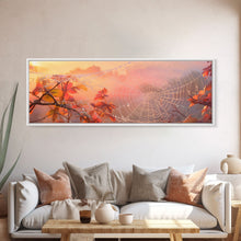 Load image into Gallery viewer, Dew Covered Spiderweb In The Fall, Framed Canvas Print, Autumn Centerpiece, Fall Leaves In The Autumn