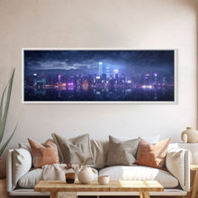Load image into Gallery viewer, Cyberpunk Hong Kong City Skyline, Framed Canvas Print, Cyberpunk Style Wall Art, Synthwave Decor, Videogame Concept Art