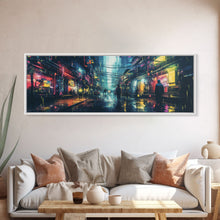 Load image into Gallery viewer, Cyberpunk Tokyo City Streets, Framed Canvas Print, Cyberpunk Style Wall Art, Synthwave Decor, Videogame Concept Art