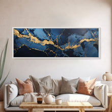 Load image into Gallery viewer, Black, Blue and Gold Marble Canvas Wall Art, Abstract Canvas Art, Panoramic Art, Large Wall Art, Marble Wall Decor, Large Canvas Modern Art