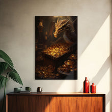 Load image into Gallery viewer, Dragon Art, Fantasy Art, Treasure Chest, Canvas Print, Wall Hanging, Portrait Art, Video Game Art, Nerdy Home Decor, Gift For Friend